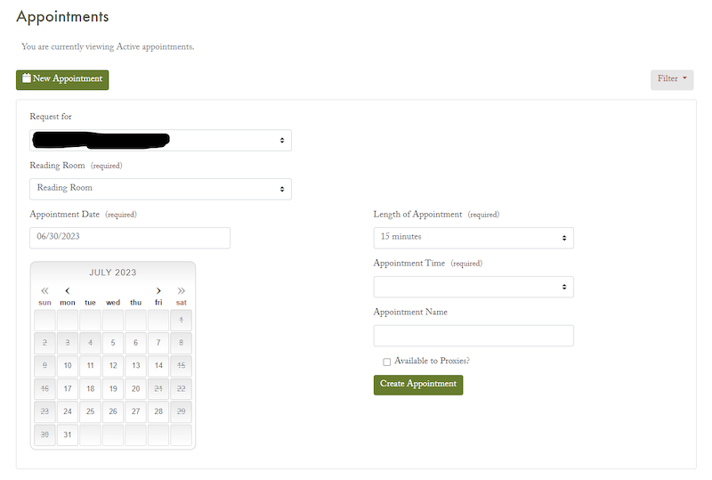 A preview of the new appointment form.