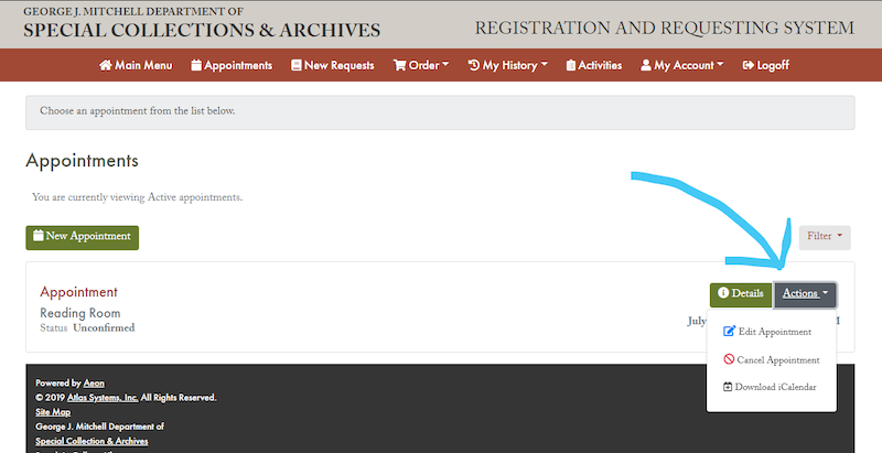 A screenshot showing the location of the Actions dropdown, with the 'Edit Appointment' and 'Cancel Appointment' options visible. The dropdown is attached to the appointment.
