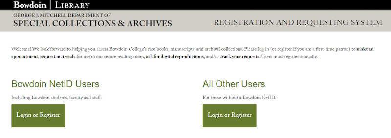 Screenshot of the registration page showing two buttons, one for Bowdoin NetId Users and one for All Other Users; both buttons say 'login or register.'