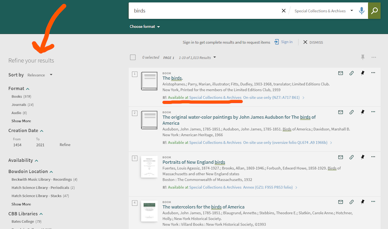 A preview of Compass search results, with the areas for filtering and item location pointed out.