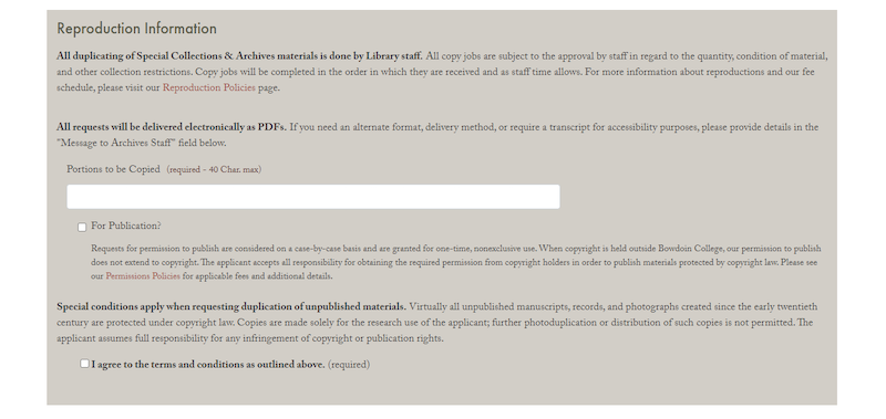 Part of the reproduction request form, with a field asking which portion should be copied and with a required checkbox stating agreement to copyright terms.
