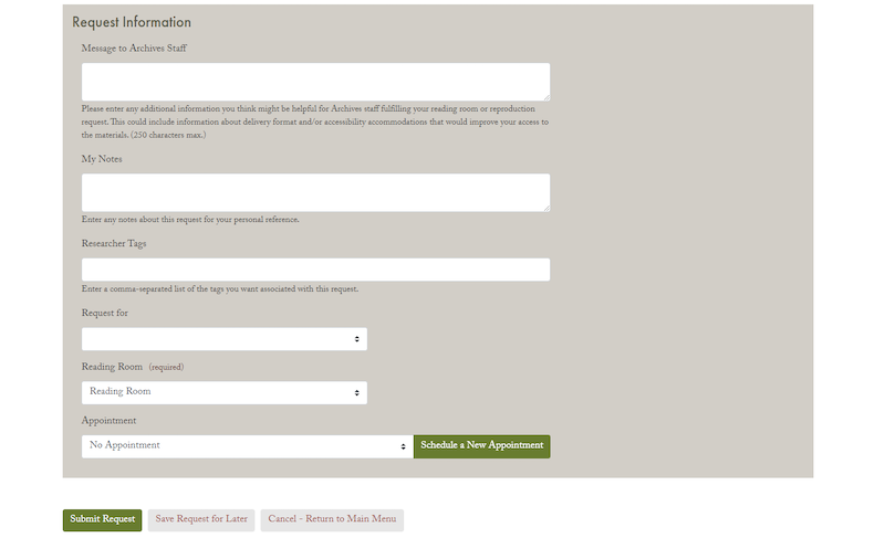 The appointment request form, with the message to archive staff and appointment information shown.
