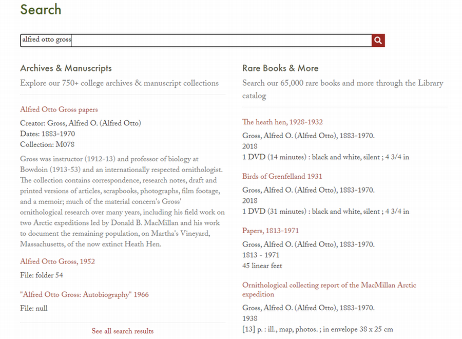 An example search, with the words 'otto gross' typed into the search bar and a set of results returned below it.