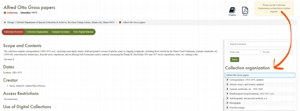 An example of a collection guide overview, including scope and contents note. An arrow points to the collection organization navigational menu.