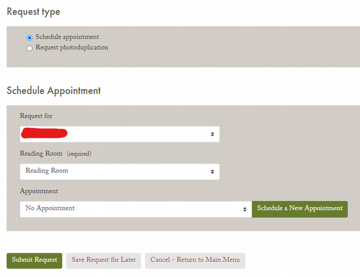 A preview of the second half of the request form. There is a toggle that lets you choose between an in-person visit or a reproduction request.