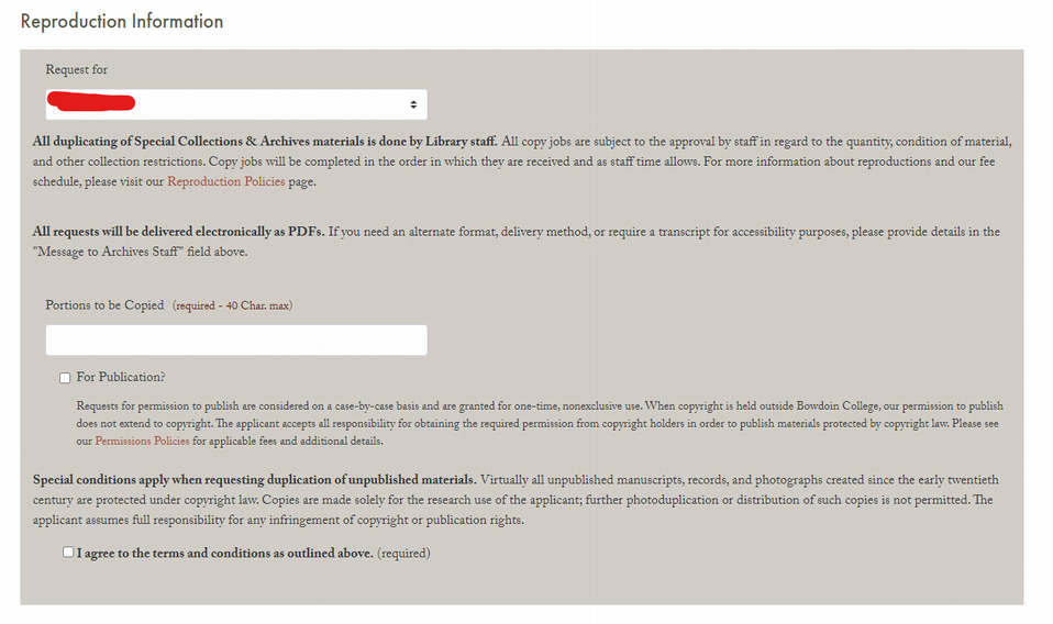 A preview of the reproduction request form.