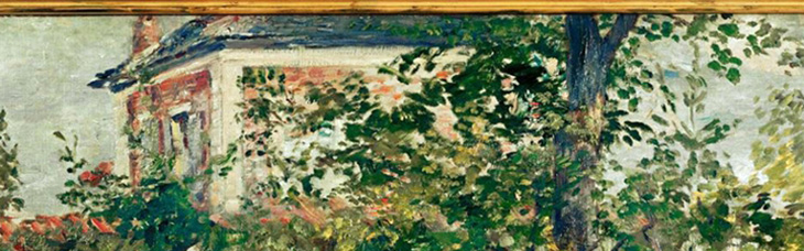 oil painting of summer garden with house behind it